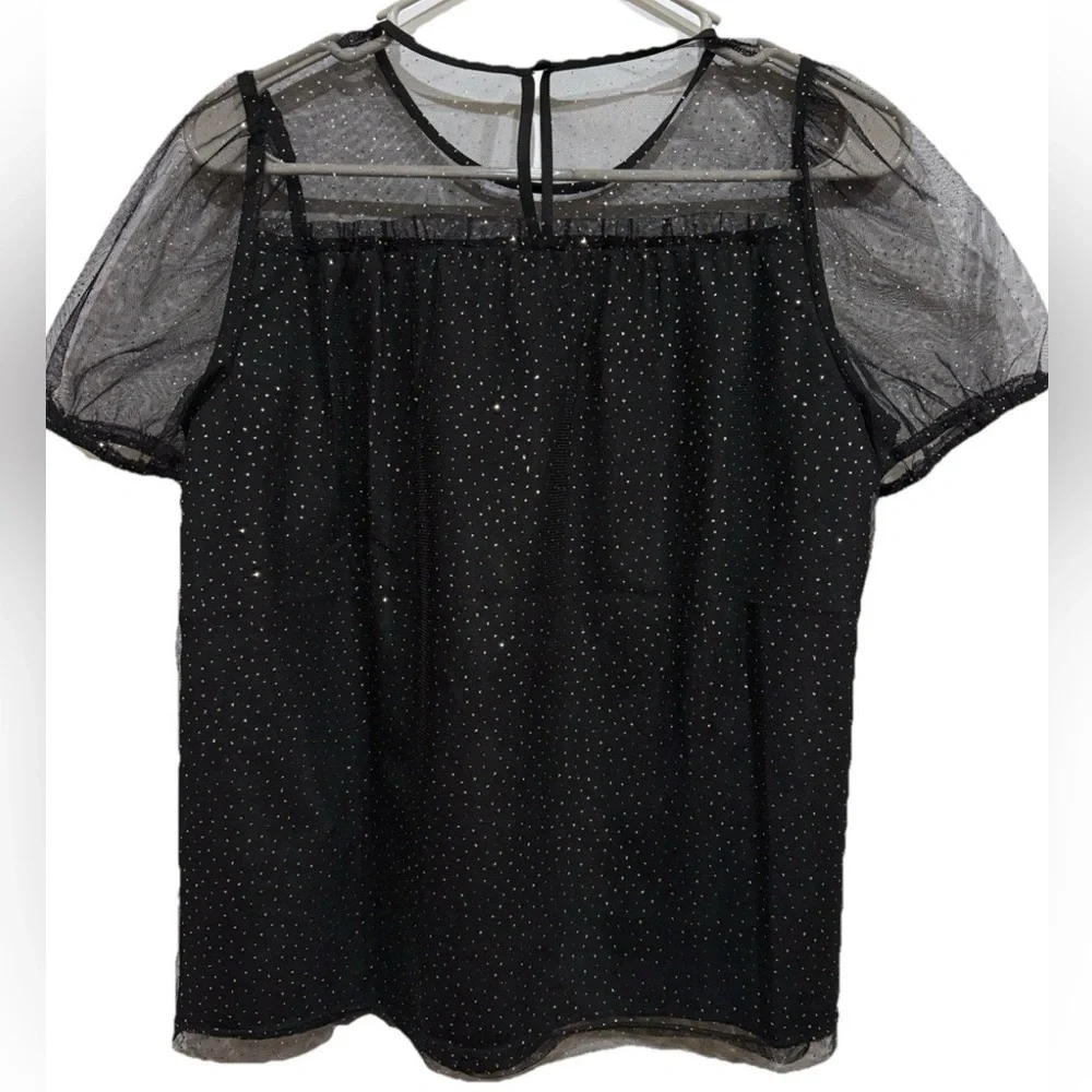 J. Crew Black Sparkle Puff Sleeve Tulle‎ Top XS Holiday Party Fancy Dressy Sheer